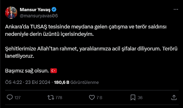 Mansur Yavaş'tan TUSAŞ Tesislerindeki terör saldırısına tepki