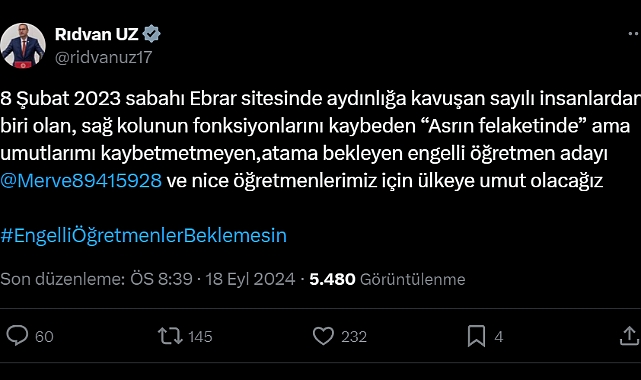 Rıdvan Uz’dan engelli öğretmenlere destek