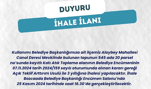 Bozcaada Belediyesi'nden Katı Atık Toplama Alanı İhalesi