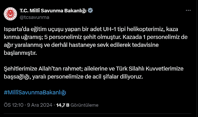 Isparta'da helikopter kazası! 5 asker şehit oldu