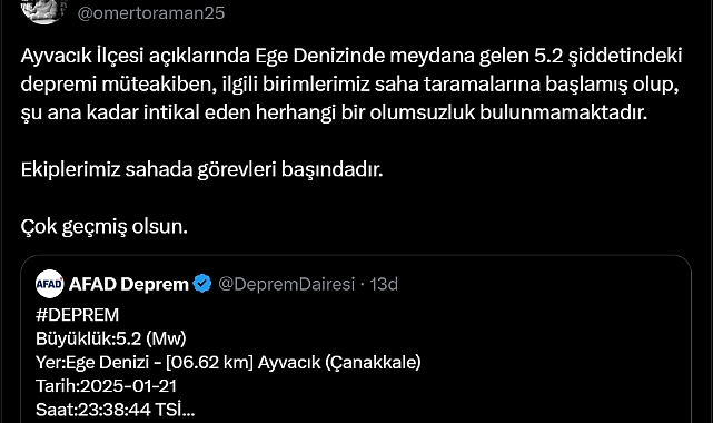 Ayvacık'ta meydana gelen deprem sonrası Vali Toraman'dan ilk açıklama!