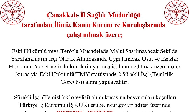 Çanakkale İl Sağlık Müdürlüğü sürekli işçi alımı yapacak