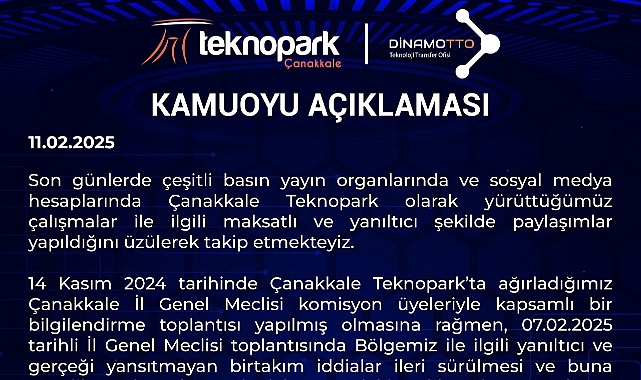 Çanakkale Teknopark'tan Gerçeği Yansıtmayan İddialara Cevap!