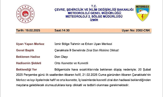 Çanakkale Valiliği Uyardı! Zirai Don Tehlikesine Dikkat!