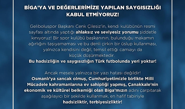 Bigaspor Yönetimi: "Biga'ya ve değerlerimize yapılan saygısızlığı kabul etmiyoruz"