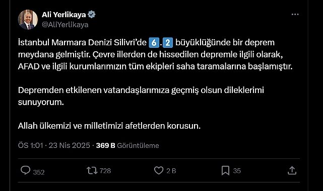 İçişleri Bakanı Ali Yerlikaya’dan Deprem Açıklaması
