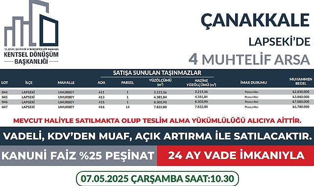 Lapseki’de 4 muhtelif arsa açık artırmayla satışa sunuluyor