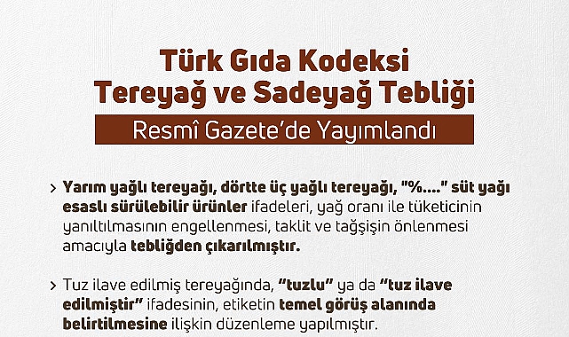 Türk Gıda Kodeksi Tereyağı ve Sadeyağ Tebliği Resmî Gazete’de Yayımlandı
