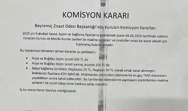 Bayramiç'te 2025 Yılı Hububat Hasat ve Biçim Ücretleri Belirlendi