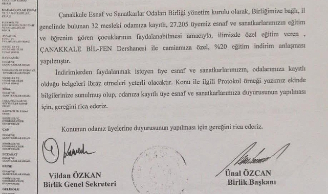 Çanakkale Esnaf ve Sanatkârlar Odaları Birliği ve Çanakkale BİL-FEN Dershanesi arasında indirim protokolü