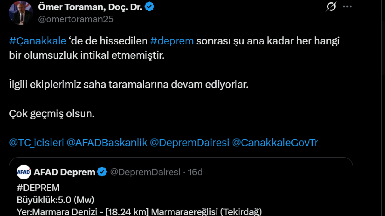Deprem sonrası Çanakkale Valiliği'nden açıklama