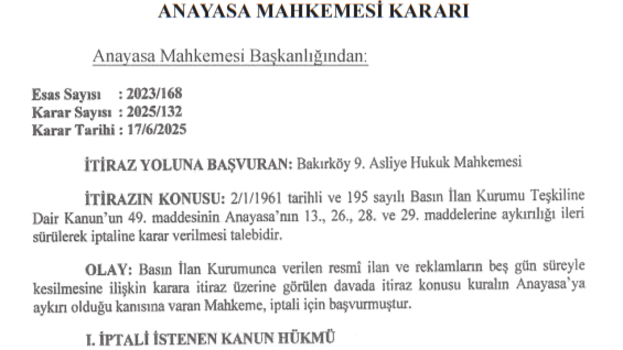 Nayasa Mahkemesinden Tarihi Hukuk Zaferi: Basın İlan Kurumunun "Muğlak" Yaptırım Aracı İptal Edildi